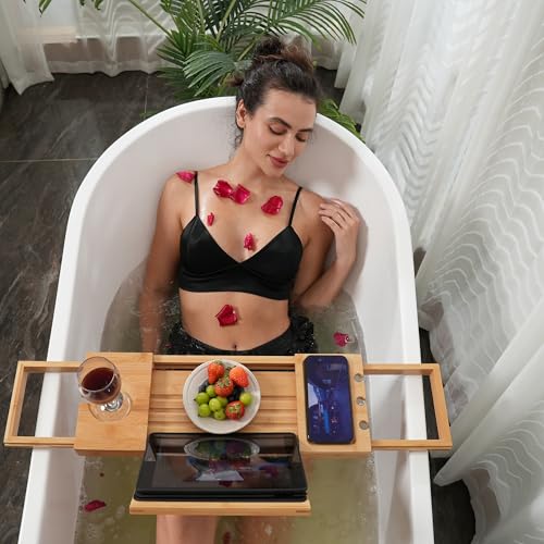 Utoplike Bamboo Bathtub Caddy Tray for Tub, Expandable Bath Table | Adjustable Bathroom Organizer, with Book Tablet Stand, Wine Glass Cup, Towel Holder - color: 19.8-33.5 in