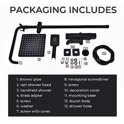 Thermostatic Outdoor Shower Fixtures System SUS304 Matte Black,Wall Mount Triple Function, with Adjustable Hand Sprayer and Tub Spout 8 inches Rainfall Shower Faucet, Square-Shaped,Bathroom