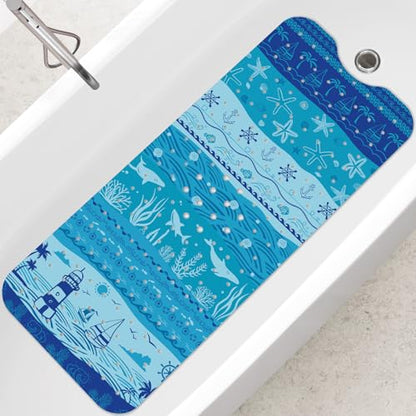 SHUCHING Blue Bath Mat for Tub Non Slip-40x16 Inch, Ocean | Bathtub Mat Mold Free, Long Shower Mat for Inside Shower with Suction Cup, Machine Washable - color: Ocean