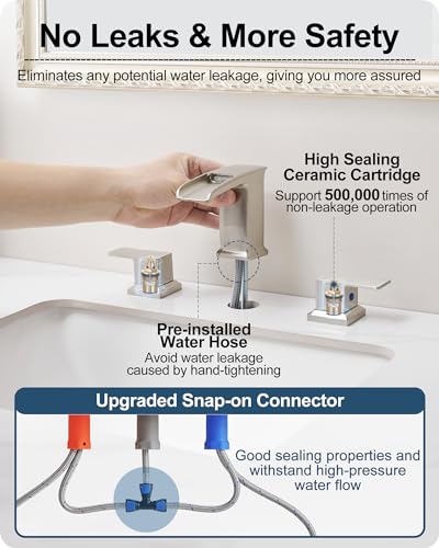 Waterfall Bathroom Faucet 3 Hole, Brushed Nickel 8 Inch 2 Handles | Lead-Free Brass, Widespread Style, Pop Up Drain, Pre-installed cUPC Water Hose, For Vanity Lavatory Modern, 10-Min Install - color: Brushed Nickel