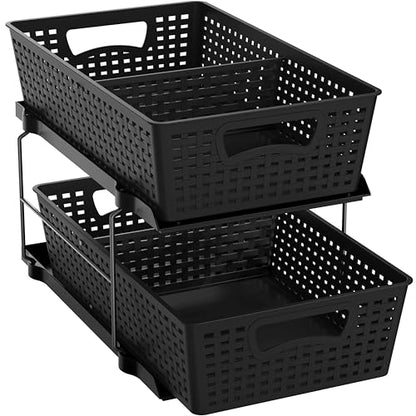 Simple Houseware 2 Tier Pull-Out Sliding Drawer Under Sink Storage, Black | Great for Kitchen Bathroom Tray Shelf Organizer - color: Black