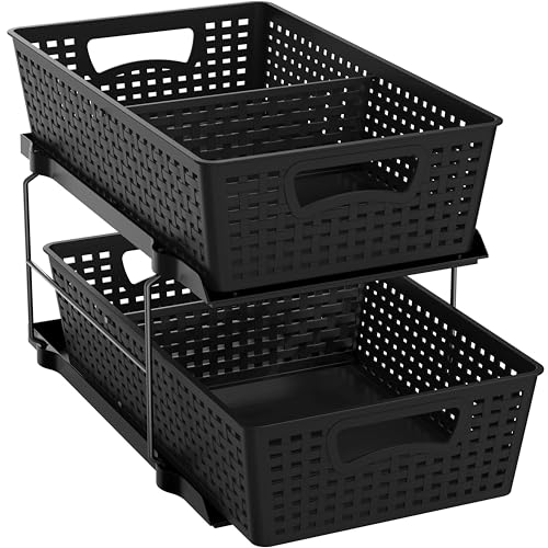 Simple Houseware 2 Tier Pull-Out Sliding Drawer Under Sink Storage, Black | Great for Kitchen Bathroom Tray Shelf Organizer