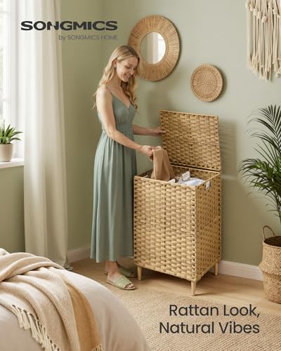 SONGMICS 2-Section Laundry Hamper with Lid, 29 Gal (110L) PE Rattan Laundry Basket with Removable Washable Liners, for Bedroom & Living Room, Goose Yellow ULCB222YE01 - color: Goose Yellow, size: 110 L (2 Basket)