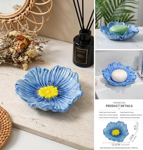 Self Draining Ceramic Soap Dish, Flower Shaped Soap Holder for Bathroom with Stable Base, for Kitchen Countertop, Bathroom Sink, Shower, Keeps Soap Dry, Decorative Soap Holder (Flower-Blue)