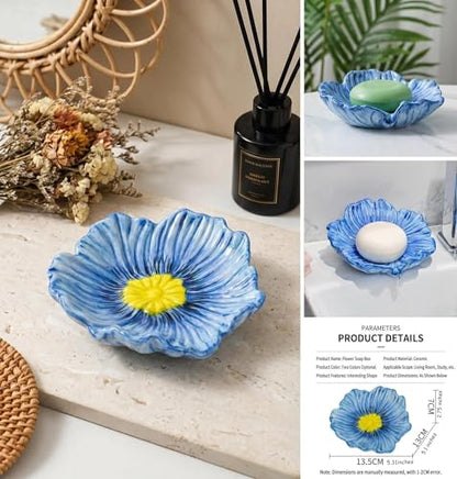 Self Draining Ceramic Soap Dish, Flower Shaped Soap Holder for Bathroom with Stable Base, for Kitchen Countertop, Bathroom Sink, Shower, Keeps Soap Dry, Decorative Soap Holder (Flower-Blue)