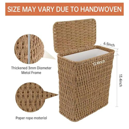 Coeusy 3 Gallon Paper Rope Bathroom Trash Can,Small Wicker Trash Cans with Lid and Liner,Woven Rattan Narrow Waste Basket for Bedroom,Office,Natural - color: Natural