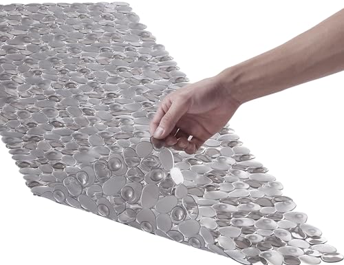 Webos Bath Shower Mat Non Slip: Extra Large Pebble Bathtub mat for Families, Anti Slip Shower Matt with Drain Holes Suction Cups Tub Mat - 16 X 40 Inch Clear Grey - color: Pebble Clear Grey