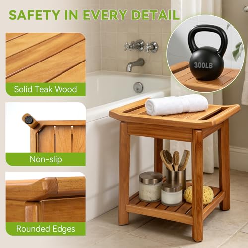 Teak Shower Stool 17" for Inside Shower, HeavyDuty Shower Bench Seat | Non-Slip Shower Stool with Storage Shelf, Waterproof Shower Chair for Seniors & Post Surgery, Safe Bathing & Everyday Comfort - size: 17"-Comfort+