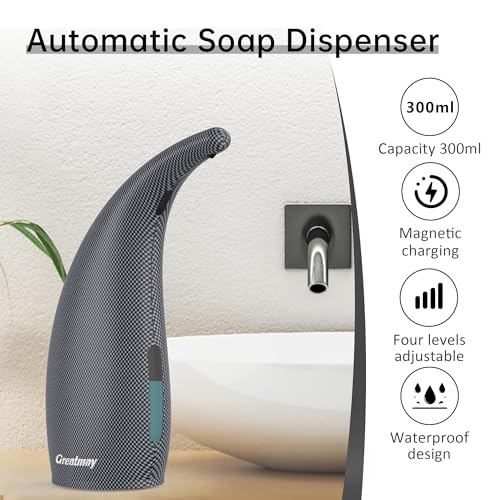 Automatic Soap Dispenser Touchless Rechargeable 10 oz | Magnetic USB Charging, IPX7 Waterproof Sensor Pump with 4 Adjustable Levels for Kitchen Sink & Bathroom Hand Soap - color: Blue Gray Argyle