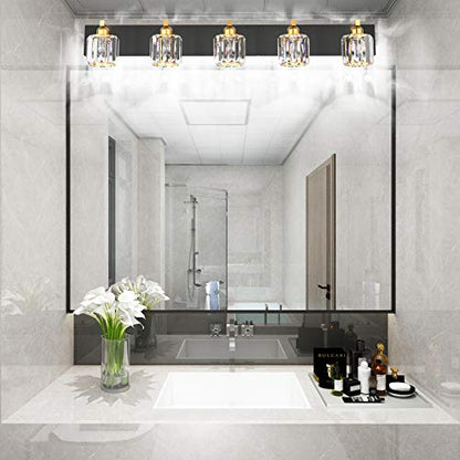 Aipsun Crystal Bathroom Vanity Light Black Vanity Lighting fixtures 5 Lights Crystal Vanity Light for Bathroom(Exclude Bulb) - color: Black Gold (Round), size: 40 inch
