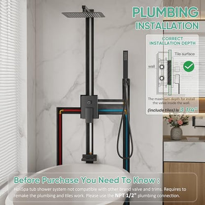 Black Tub Shower System with 12" Rain Head, Handheld & Valve Kit | All-Metal Tub Shower Faucet Set, Wall Mounted Rain Showerhead, Handheld Spray, Includes Valve and Trim Kit, Matte Black - color: Matte Black 12