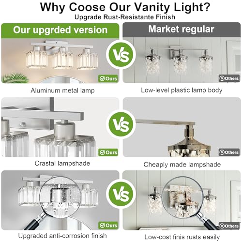comzler 3-Light Bathroom Light Fixtures Over Mirror, Brushed Nickel Crystal Wall Sconce with E26 Base for Mirror Kitchen Living Room Bathroom, Square Crystal Shades (Bulbs Excluded) - size: Square