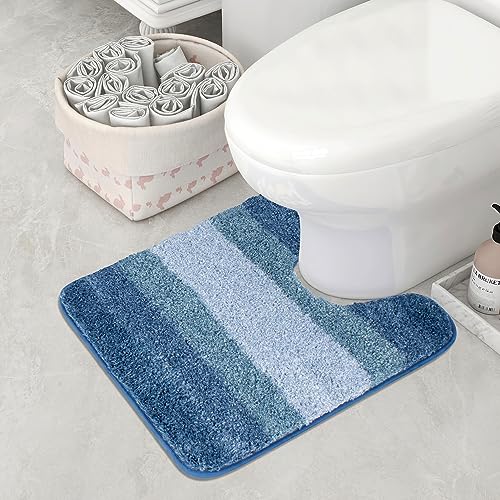 Walensee Bathroom Contour Rug (20 x 24, Ombre Blue) Non-Slip Water Absorbent Soft Microfiber Shaggy Bath Mat - Machine Washable U Shape Toilet Rug - color: Ombre Blue, size: 20" x 24" Contour