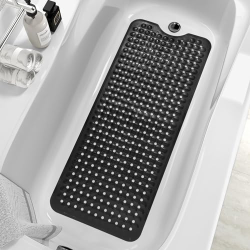 MOONFLY Shower and Bathtub Mat,40x16 Inches,Extra Long Non Slip Mats with Suction Cups and Drain Holes, Machine Washable and Anti Slip Bathmats, Bathroom Mats for Tub Nonslip (Black) - color: Black