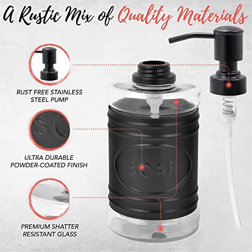 Autumn Alley Farmhouse Matte Black Bathroom Accessories Set (4 PCS) - Lotion Soap Dispenser, Black Toothbrush Holder Set, 2 Glass Apothecary Jars (Qtip Holder) - Rustic Bathroom Accessories Set