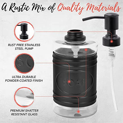 Autumn Alley Farmhouse Matte Black Bathroom Accessories Set (4 PCS) - Lotion Soap Dispenser, Black Toothbrush Holder Set, 2 Glass Apothecary Jars (Qtip Holder) - Rustic Bathroom Accessories Set