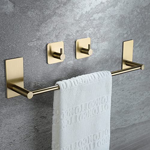 Taozun Golden Towel Bar - Self Adhesive Towel Holder + 2 Packs Hooks, 16-in | Brushed Brass Finish, SUS304 Stainless Steel, Rustproof, No Drilling, Ideal for Bathroom, Kitchen, RV - color: Gold New, size: 16-Inch