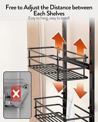 Orimade Over the Door Shower Caddy Adjustable 5 Tier Black,Bathroom Hanging Organizer Shelf Rustproof with 4 Hooks,Shower Basket with Soap Holder and Suction Cup - color: Black-5T