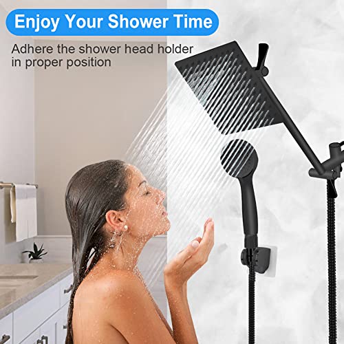 Shower Head, Kaqinu 8'' High Pressure Rainfall Shower Head/Handheld Showerhead Combo with 11” Extension Arm, Anti-leak Shower Head with Holder/Hose, Flow Regulator - Matt Black - color: Matt Black, size: 8 Inch
