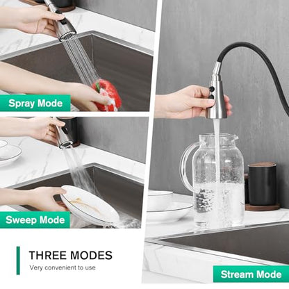 CREA Brushed Nickel Kitchen Faucets with Pull Down Sprayer, Faucets for Kitchen Sink, Small High Arc RV Stainless Steel Single Handle Pull Out Kitchen Sink Faucets, Brushed - color: Brushed, style: standard