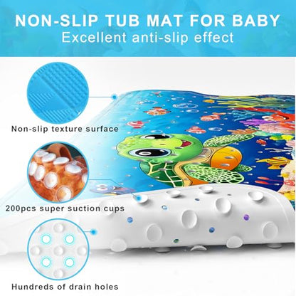 Baby Bath Mat for Tub Non Slip Kids, BPA Free Extra Long Bathtub Mat 40x16 with Drain Holes and 200 Suction Cups, Non Toxic Machine Washable Toddler Bath Mat, No Fading, Baby Turtle - color: V-turtle 3
