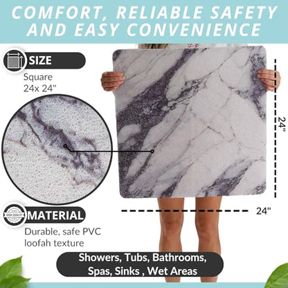 Enkosi Loofah Shower Mat Non Slip – Square Anti Slip Bath Mat for Inside Showers, Bathtub, Tub, Bathroom - Cushioned, Quick Dry PVC with Drain Holes - Secure Grip Safety Pad (Marble Grey Blue 24x24) - color: Marble Blue Gray, size: 24" x 24" (Square)