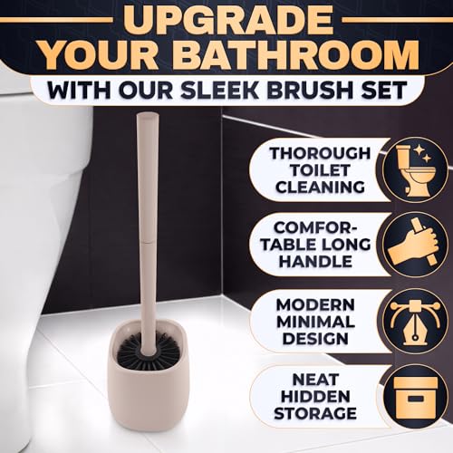 Silicone Toilet Brush and Holder Set - Cream RV Toilet Brush with Holder, Flexible Head, Soft Bristles, Detachable Handle and Freestanding Base, Compact Bathroom Cleaning Tool with Minimalistic Design - color: Cream
