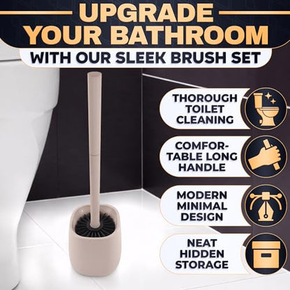 Silicone Toilet Brush and Holder Set - Cream RV Toilet Brush with Holder, Flexible Head, Soft Bristles, Detachable Handle and Freestanding Base, Compact Bathroom Cleaning Tool with Minimalistic Design - color: Cream