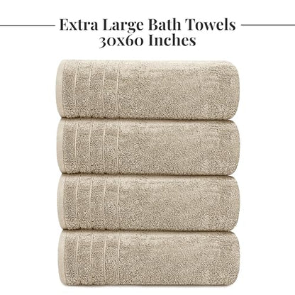4 Piece Extra Large Bath Towels 30 x 60 Inches, Beige | 100% Cotton, Larger & Lighter Weight, Quicker to Dry, Super Soft and Absorbent, Perfect for Bathroom - color: Beige