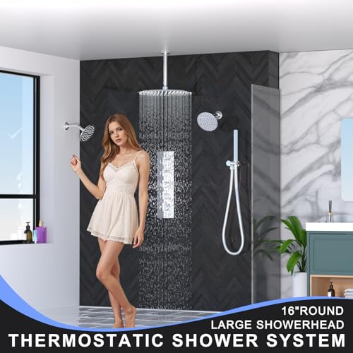 HOMEDEC 16inch Round Rain Full Body Shower Faucet Set with Dual 6" Wall Mounted Shower Heads, 4 Way Valve with 2-Function Handheld Shower, Chrome - color: Chrome, style: 4-Way + 2x 6" Top (No Jets)
