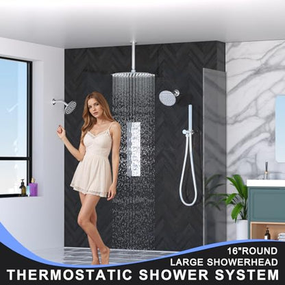 HOMEDEC 16inch Round Rain Full Body Shower Faucet Set with Dual 6" Wall Mounted Shower Heads, 4 Way Valve with 2-Function Handheld Shower, Chrome - color: Chrome, style: 4-Way + 2x 6" Top (No Jets)