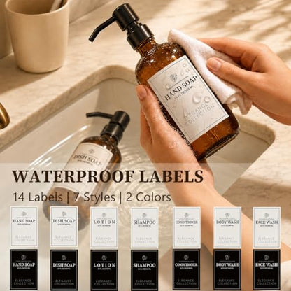 Fachixy Amber Glass Soap Dispenser 2 Pack, 16 Fl Oz, 14 Waterproof Labels | Leak-Resistant Stainless Steel Pump, Non-Slip Pad, Hand & Dish Soap Dispenser Bottles Set for Kitchen and Bathroom - color: Brown