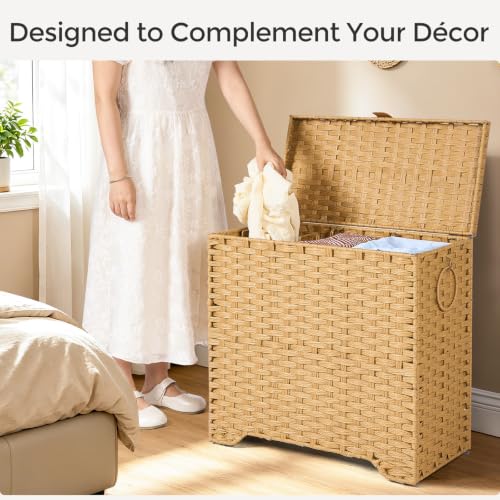 130L Wicker Laundry Hamper with Lid, 3-Section Laundry Basket | 3 Removable Liner Bags; 4 Included Mesh Laundry Bags; Handwoven PP Wicker; Reinforced Steel Frame - color: Natural
