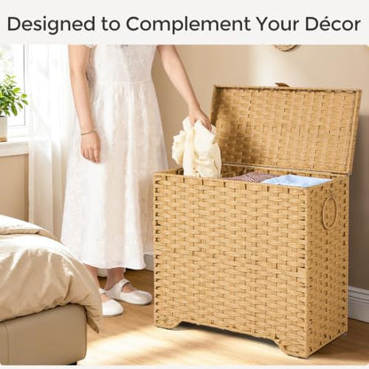 130L Wicker Laundry Hamper with Lid, 3-Section Laundry Basket | 3 Removable Liner Bags; 4 Included Mesh Laundry Bags; Handwoven PP Wicker; Reinforced Steel Frame - color: Natural