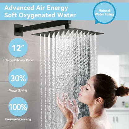 Shower System with Body Jets, Bostingner Four Modes Shower Faucet 12+6" Rain Shower Head with Handheld Spray 2 Ways, 4Pcs Shower Jets System in Wall Shower Faucet Sets Complete, Matte Black - color: Matte Black, size: 6+12 inch-02