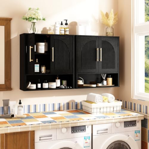 RUSTOWN Fluted Bathroom Wall Cabinet with Arched Doors & Rounded Edges | Over The Toilet Storage Cabinet with Adjustable Shelf, Mid Century Modern Medicine Cabinets, Laundry & Kitchen Shelving Unit - color: Rustic Black