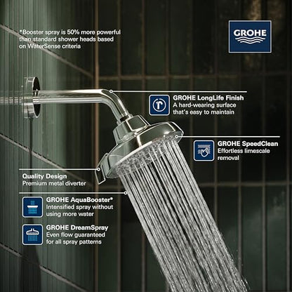 GROHE Aquabooster Tempesta 140 High Pressure Shower Head, Multi-Spray – 1.75 GPM Round Fixed Wall Mount, StarLight Chrome 1117460000 - color: StarLight Chrome