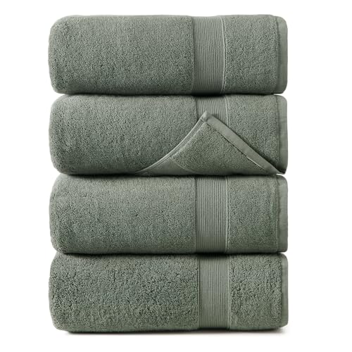 REDKISS Bath Towels 4-Pack, 100% Cotton, Thick Plush & Highly Absorbent, 27.5" x 55" for Shower, Spa & Home - color: Gray Green