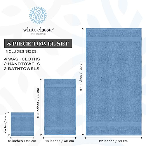 White Classic Luxury Bath Towel Set of 8 Pieces - 100% Turkish Cotton Highly Absorbent Towels for Bathroom, 2 Luxury Bath Towels 700GSM, 2 Hand Towels, 4 Washcloths, Light Blue - color: 14: Light Blue