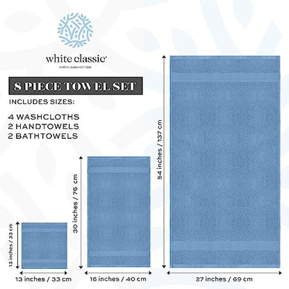 White Classic Luxury Bath Towel Set of 8 Pieces - 100% Turkish Cotton Highly Absorbent Towels for Bathroom, 2 Luxury Bath Towels 700GSM, 2 Hand Towels, 4 Washcloths, Light Blue - color: 14: Light Blue