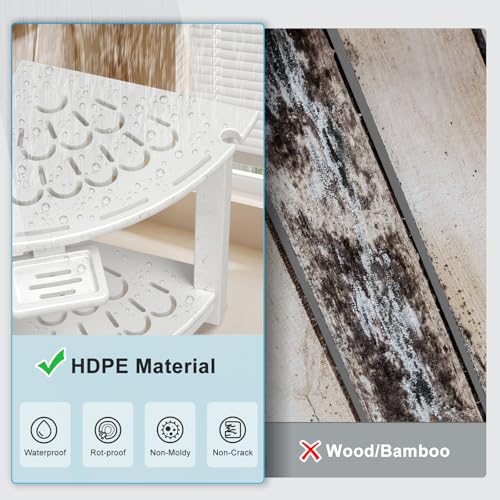 NALONE Corner Shower Stool, HDPE Shower Bench for Inside Shower, Small Shower Chair Seat for Shaving Legs with Storage Shelf, Soap Box and No-Slip Feet (White) | Small Shower Chair Seat for Shaving Legs, with Storage Shelf, Soap Box and No-Slip Feet, All