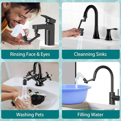 CECEFIN 1440 Swivel Faucet Extender for Kitchen/Bathroom Sink, NSF/ANSI 372 | Black Tap Aerator Extension, 1080° Large-Angle Splash, 2-Water Outlet Spray, Rotating Robotic Arm, Wash Hand/Face - color: B- Black- Swivel Faucet Aerator