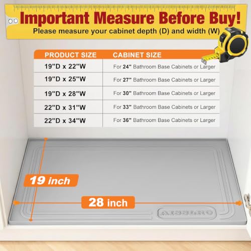 Aisslro Under Sink Mat 28" X 19", Waterproof Silicone Under Sink Mats for Kitchen, Anti-Leak Shelf Liner & Cabinet Protector with Raised Edge, [BPA Free] Bathroom Tray Home Organizer, Grey | BPA-Free Raised-Edge Cabinet Protector & Leak Tray for Bathroom