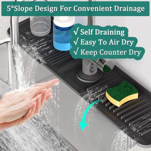 24'' Longer Kitchen Faucet Mat, Silicone Sink Splash Guard Drying Mat with 5° Slope & Cuttable Hole, Fast Draining Catcher Tray Dish Soap Sponge Holder for Kitchen Sink (Black, 24"x 5.5")
