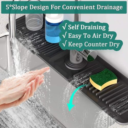 24'' Longer Kitchen Faucet Mat, Silicone Sink Splash Guard Drying Mat with 5° Slope & Cuttable Hole, Fast Draining Catcher Tray Dish Soap Sponge Holder for Kitchen Sink (Black, 24"x 5.5")