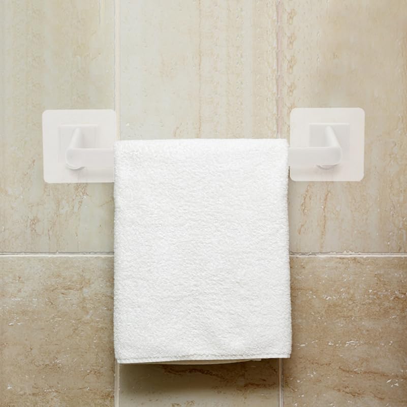 Homsfou 2-Pack Self Adhesive Bathroom Towel Bars No Drill Wall Mounted Single Towel Racks Space Saving Holder for T-owels and Robes in White 15.74In