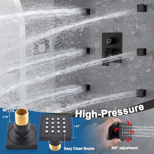 Enga Full Body Shower System with Body Jets, 12 Inch Powerful Rainfall Shower and Handheld Spray, Rough-in Mixer Valve Concealed Shower Faucet Set Complete, Matte Black - color: Matte Black, style: Ceiling Mount - 6 Jets