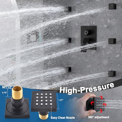 Enga Full Body Shower System with Body Jets, 12 Inch Powerful Rainfall Shower and Handheld Spray, Rough-in Mixer Valve Concealed Shower Faucet Set Complete, Matte Black - color: Matte Black, style: Ceiling Mount - 6 Jets