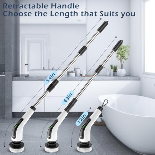 Electric Spin Scrubber, Power Shower Cleaning Brush with Long Handle | Cordless Cleaning Scrubber, 7 Replaceable Brush Heads, 90Mins Work Time, 3 Adjustable Size, 2 Speeds for Bathroom Cleaner