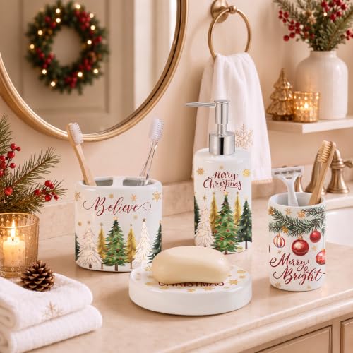 4 Pcs Christmas Ceramic Bathroom Accessories Gifts Xmas Tree Bath Tumbler Soap Dispenser Toothbrush Holder Soap Tray Merry Xmas Bathroom Decorations (White Merry Christmas) - style: White Merry Christmas
